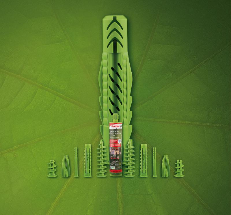 Первый в мире экологичный крепёж Fischer GreenLine: шесть “зелёных” дюбелей и инъекционный состав.
